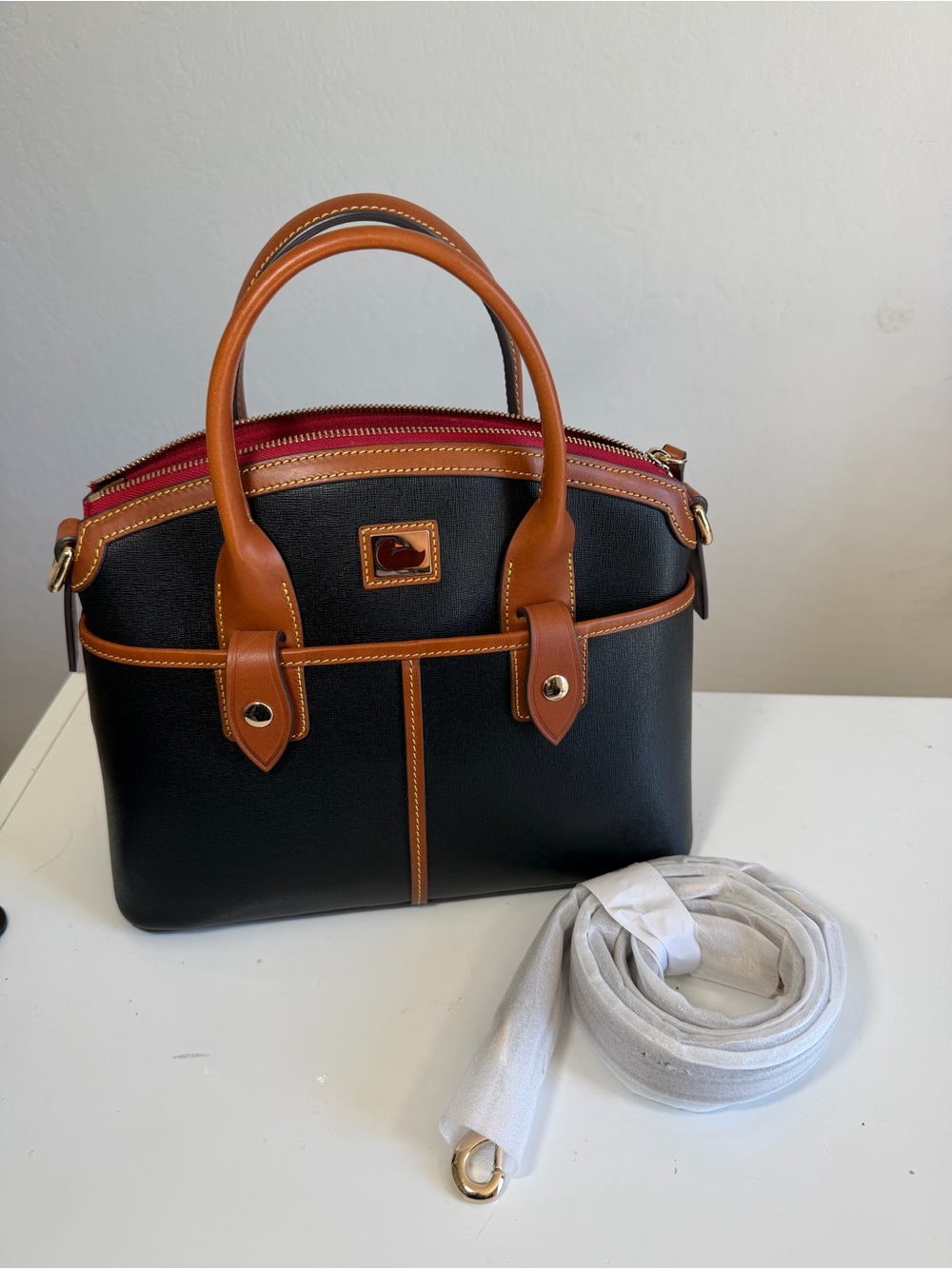 Dooney & Bourke Saffiano Leather Small Domed Satchel Black/Tan